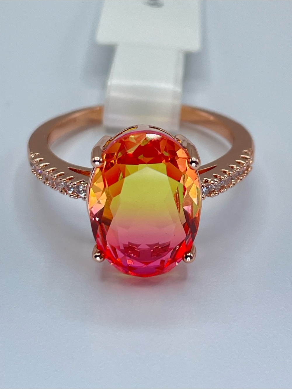 Swarovski Crystal Elements Pink Yellow Ombre Crystal Solitaire Ring Sz 9
